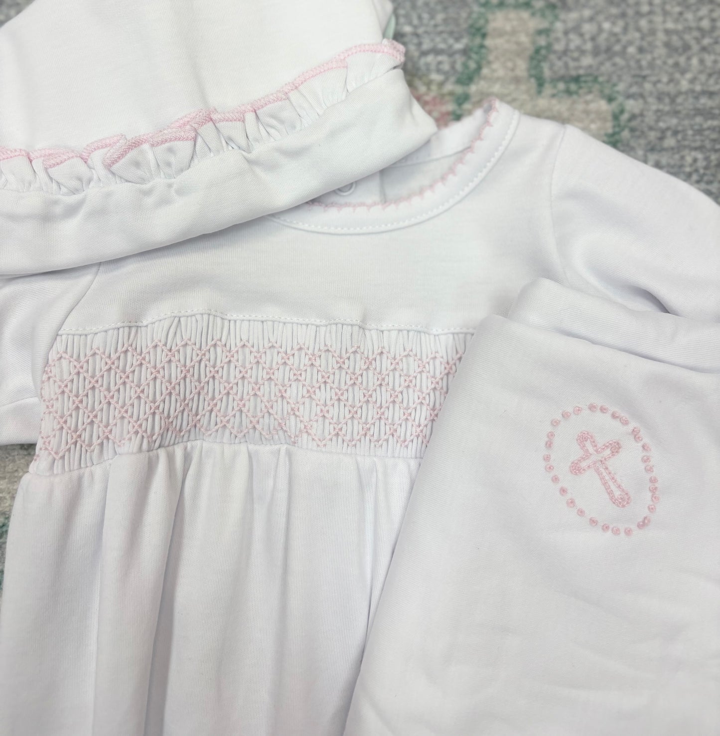 Essentials Smocked Gown with Pink Trim