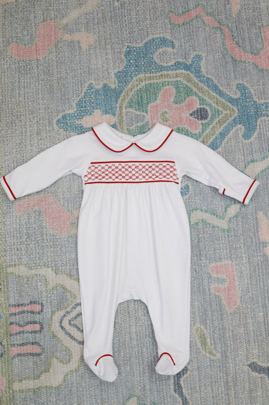 Red and White Essentials Smocked Footie