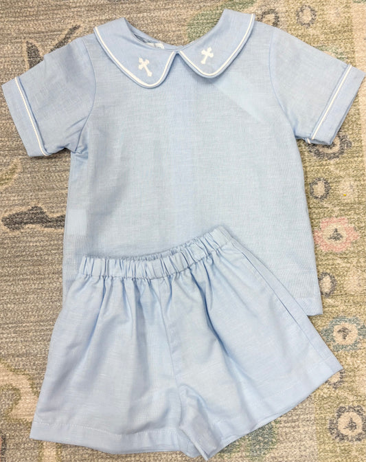 Blue Linen Cross Short Set