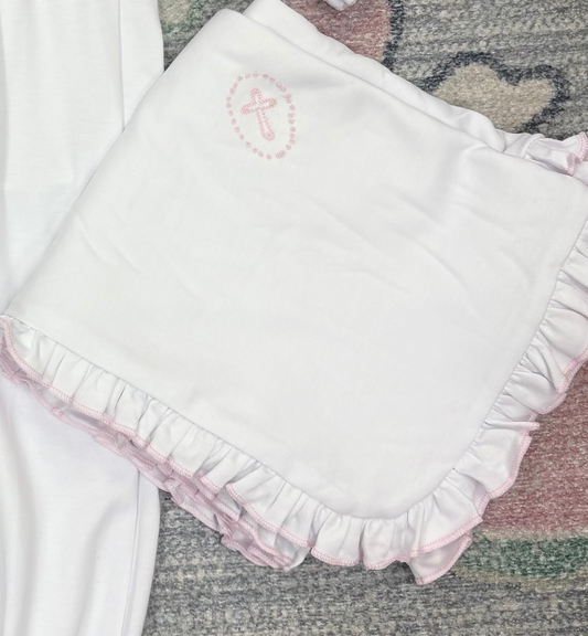 Blessed Embroidered Ruffle Receiving Blanket