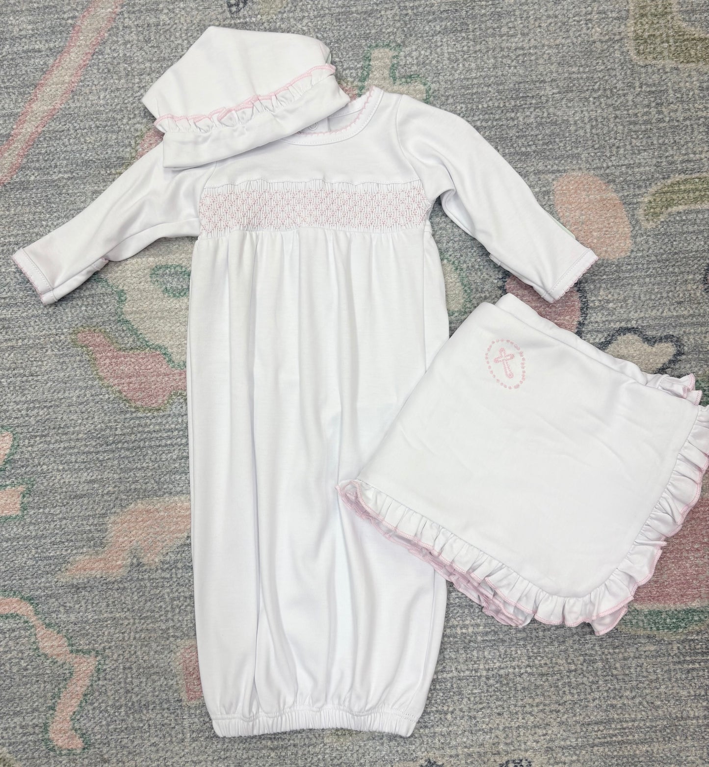 Essentials Smocked Gown with Pink Trim